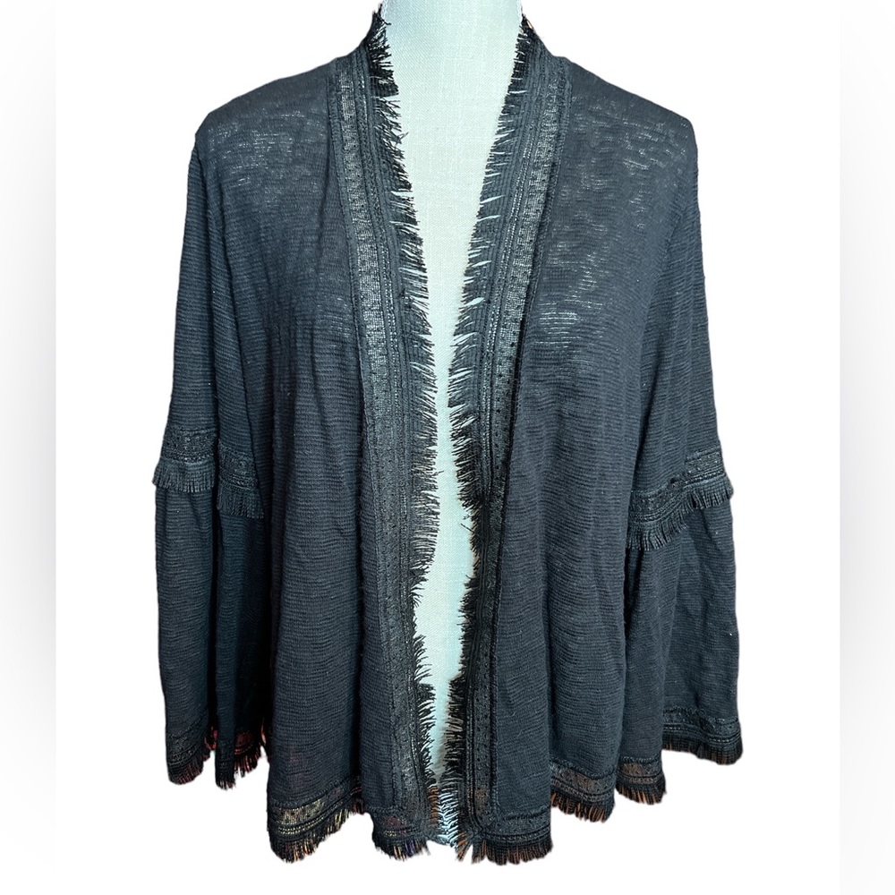 Hannah Fringe Trimmed Thin Black Cardigan